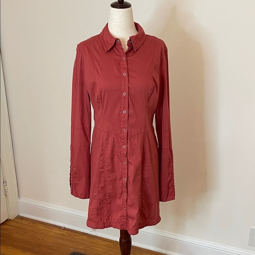 Free People Red Snap Front Boho Shirt Dress Long Sleeve Size XS Fits S/M
